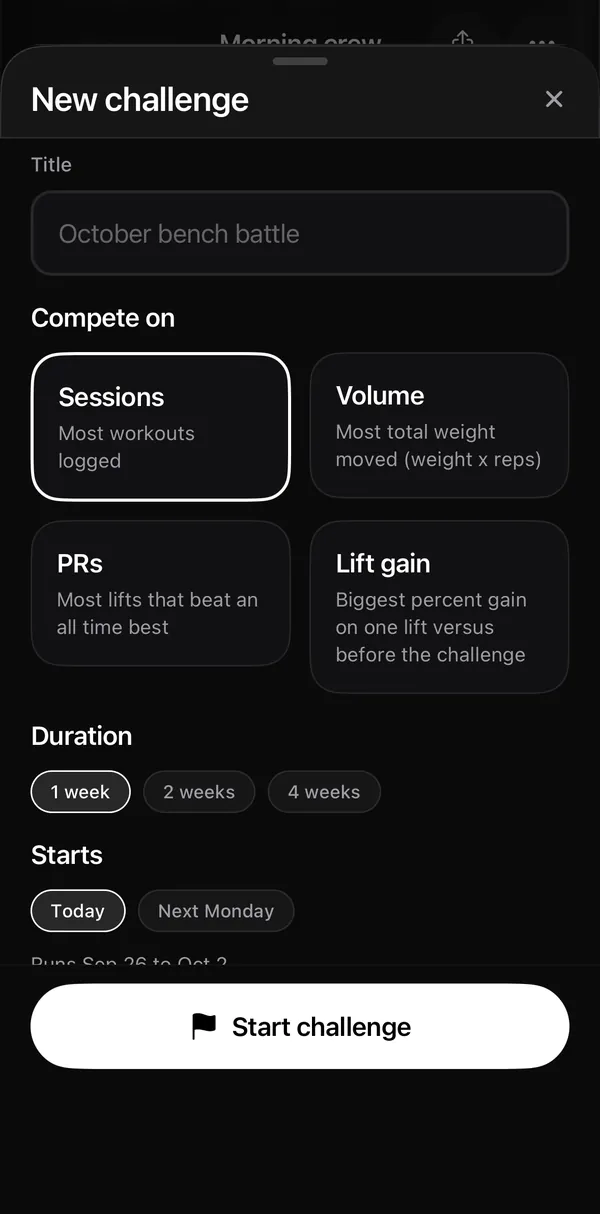 Liftkin New challenge screen with challenge types such as most sessions and most volume.