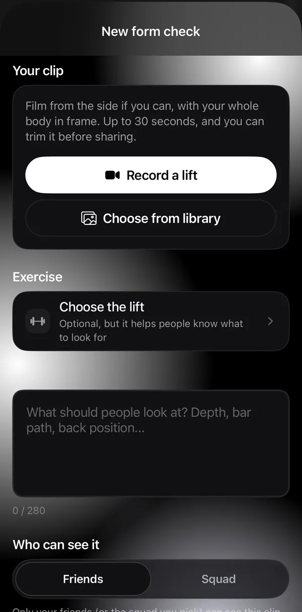 Liftkin New form check screen for recording a lift and asking friends for feedback.