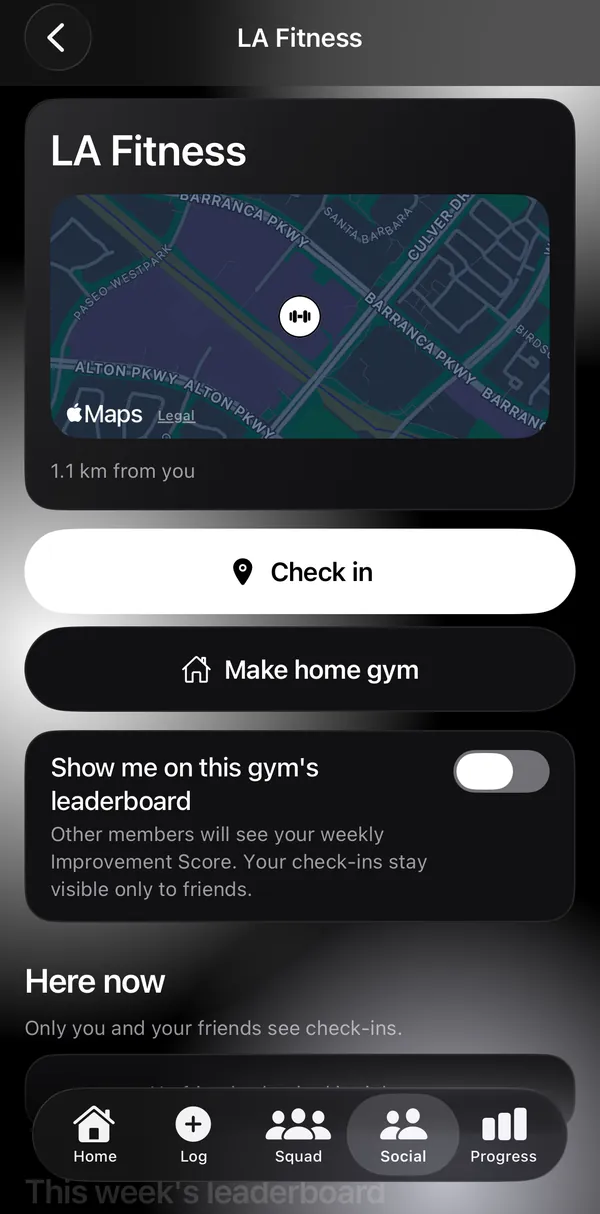 Liftkin gym check-in screen showing LA Fitness on a map.