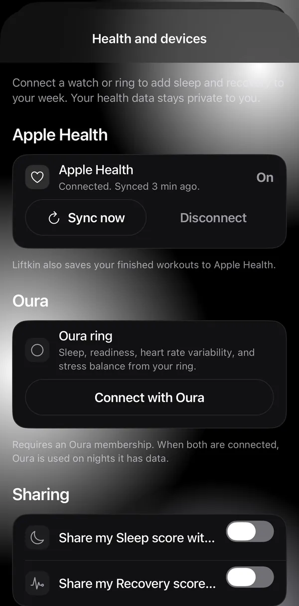 Liftkin Health and devices screen with Apple Health connected and an option to connect Oura.