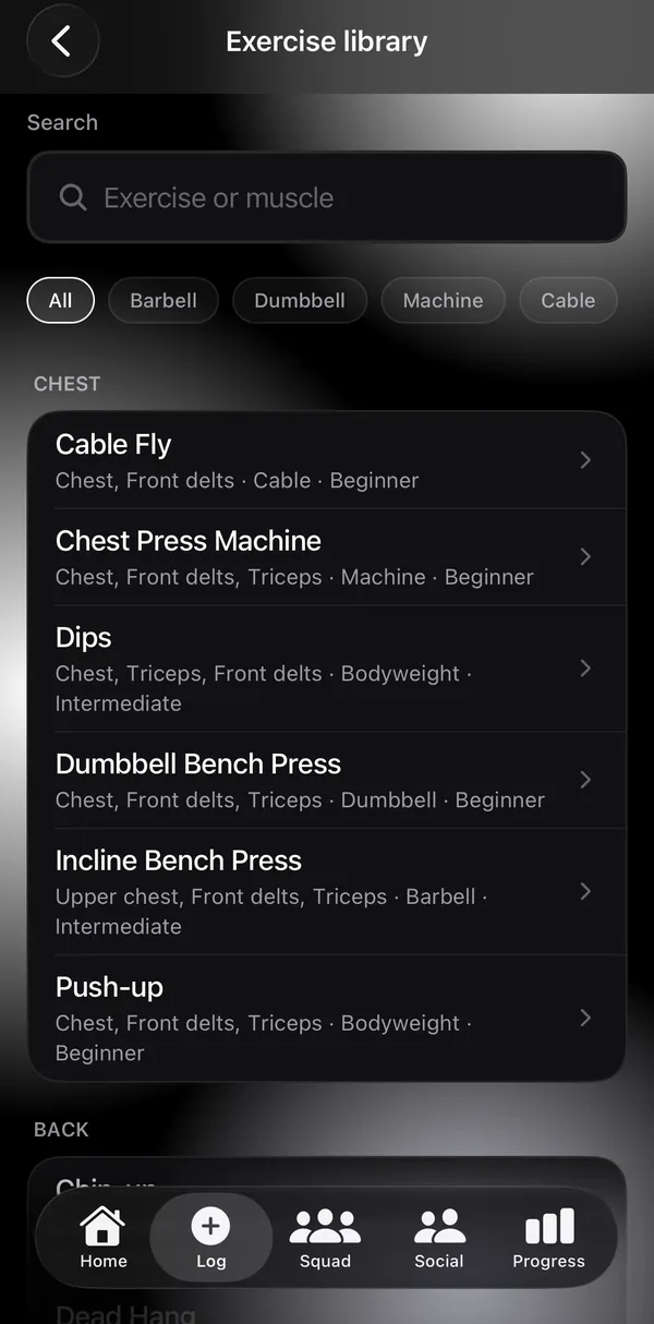 Liftkin exercise library listing exercises by muscle group.
