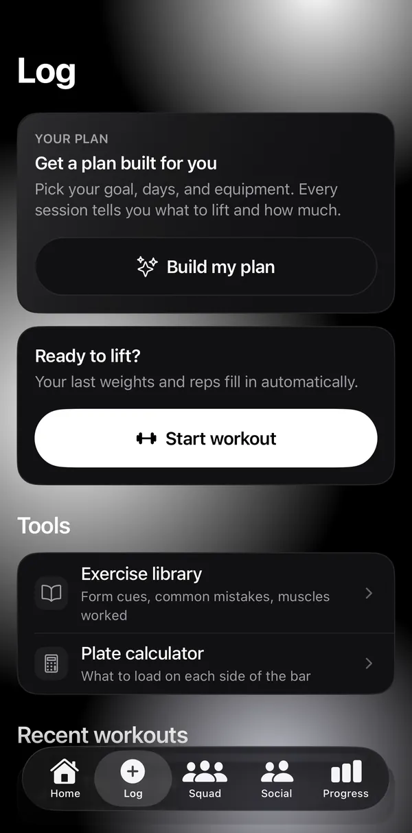 Liftkin Log screen with options to get a plan built for you or start a workout.