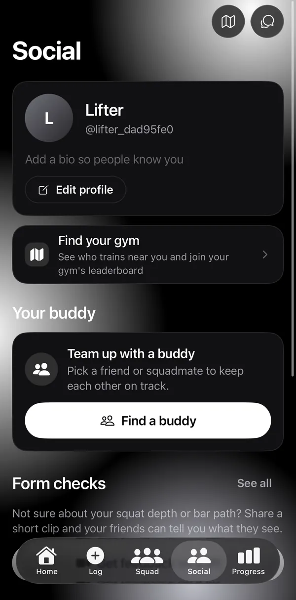 Liftkin Social screen with profile, find your gym, accountability buddy, and form checks.