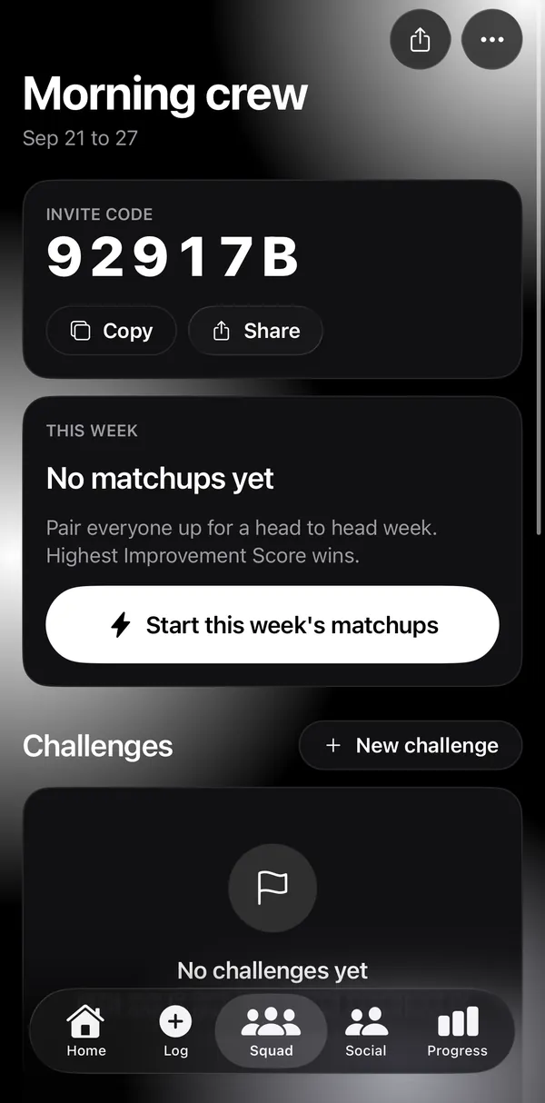 Liftkin Squad screen with a leaderboard for the Morning Crew squad and weekly matchups.